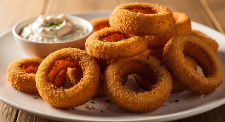 A plate piled high with crispy onion rings, glistening with a light golden brown hue, is accompanied by a bowl of creamy sauce.