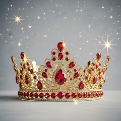 A regal crown, adorned with glistening red gemstones and gold filigree, sits on a light gray surface, radiating an air of royalty.
