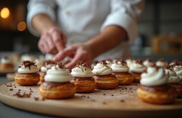 Chef hands pipe cream on chocolate filled eclairs. Miniature pastry desserts topped with whipped cream and chocolate shavings are arranged neatly on a wooden board.