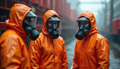 Team in orange hazmat suits and gas masks stand close. They work at industrial site during emergency response. Safety protocols are visible. Men prepare for danger.