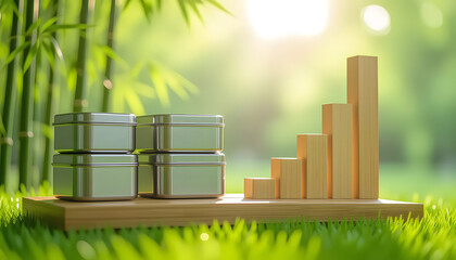 Sustainable business growth represented by eco-friendly containers and a rising bar graph in a natural setting.