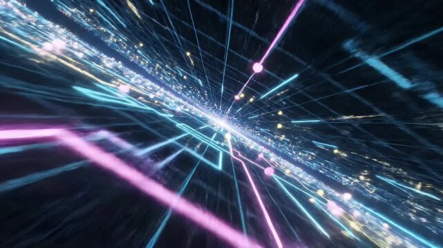 Abstract digital data tunnel with neon pink and cyan light trails zooming through a futuristic cyber grid in fast motion.
