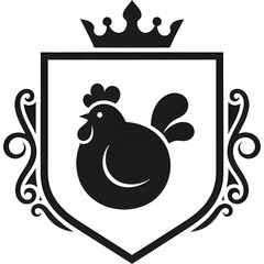 Round rooster mark placed within a classic crest logo frame, simple black silhouette
