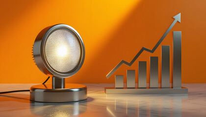 A metallic spotlight illuminates a silver bar chart showing an upward trend against an orange background.