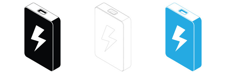 Isometric power bank icons set with lightning bolt symbol,Power bank icon set. Smartphone power bank charger. Portable charger icon symbol. Vector illustration,Power bank icon Logo Template Design set