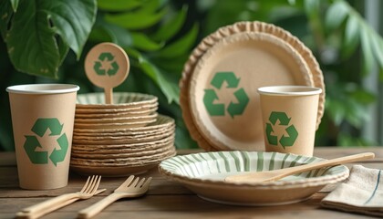 Biodegradable paper tableware with recycling symbols sits on wooden table. Eco friendly disposable cups, plates suggest sustainable dining choices for outdoor events, picnics. Perfect for conscious