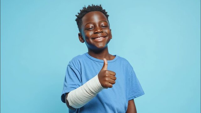Black child boy with bandaged arm smiling and giving thumbs up against blue background  