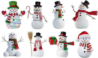 Collection of a festive snowman with various gesture and accessories, and colorful lights png transparent background