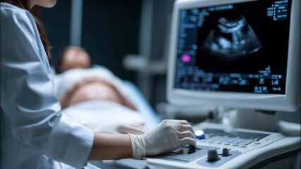 Doctor performing ultrasound on pregnant woman in clinic room