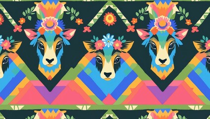 Colorful geometric pattern featuring stylized goat heads adorned with flowers on a dark background