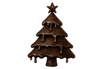 Chocolate christmas tree with melting chocolate drips and star, sweet holiday food for festive celebrations, transparent background