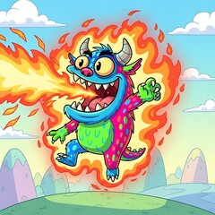 A vibrant, colorful monster erupts in a fiery display against a whimsical landscape.