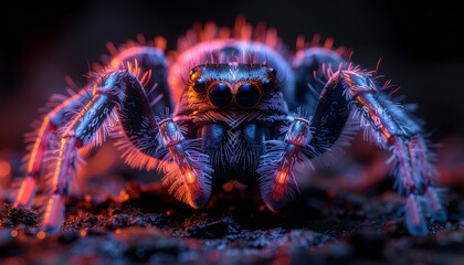 A highly detailed super-macro shot of a futuristic, bioluminescent jumping spider. Its body is covered with glowing neon hairs in shades of electric blue and fiery orange