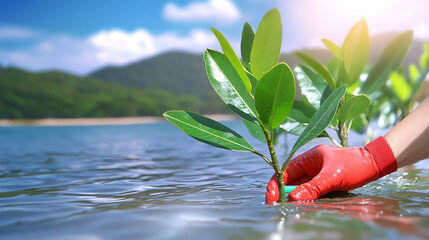 A close-up of a hand planting a young mangrove seedling in clear water, symbolizing eco-friendly practices and nature conservation.
