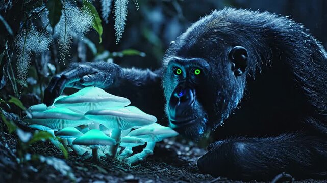 Mystical Encounter Gorilla and Glowing Mushrooms in the Jungle.