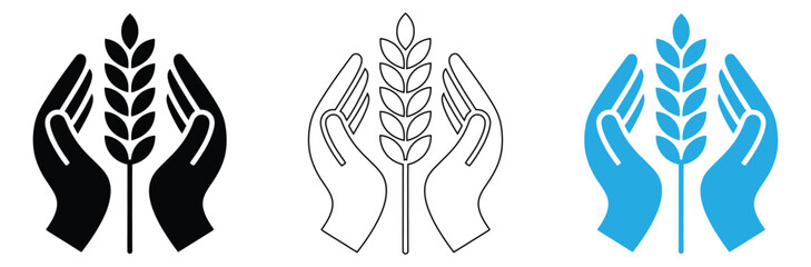 Hands holding a wheat stalk icon set, vector illustration,Wheat grain icon Logo Template Design set.Wheat icons. thin line vector icons