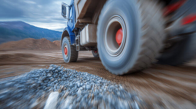 A close-up view of a construction vehicle in motion, showcasing its powerful tires on rugged terrain.