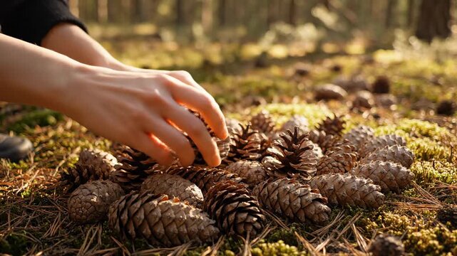 Gathering Pine Cones in the Forest A CloseUp Look.