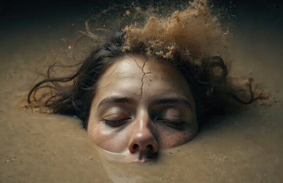 Face emerging from mud, hair floating, dust erupting. Person looks tired, stressed, feeling trapped. Closed eyes, cracked forehead detail, sense of despair and struggle.