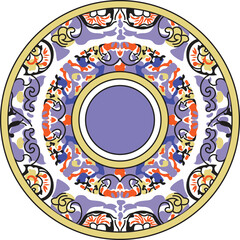 a circular design with a flower in the center.a circular design with green, purple and white flowers.an ornate circular pattern in yellow and blue.