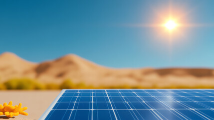 A close-up view of solar panels in a desert under a bright sun, showcasing renewable energy and sustainability.