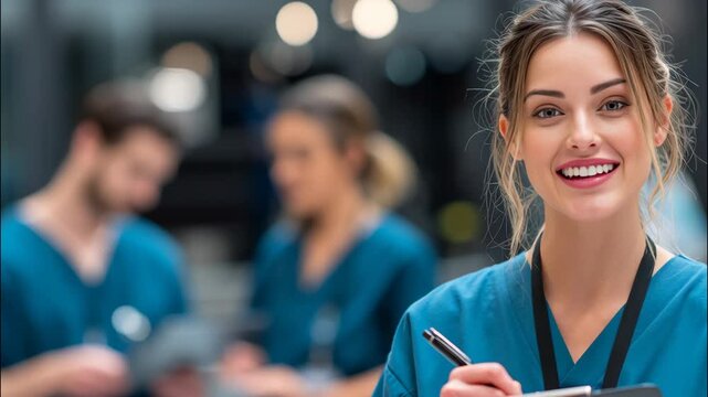 Young female nurse smiling while holding clipboard in hospital setting  