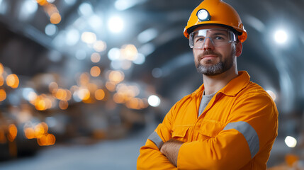 A confident worker in an orange uniform stands in a well-lit tunnel, showcasing safety gear and professionalism in mining.