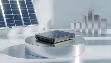 Compact solar-powered device displayed on a pedestal with a large solar panel and bar graphs in the background, symbolizing renewable energy and technological advancement.
