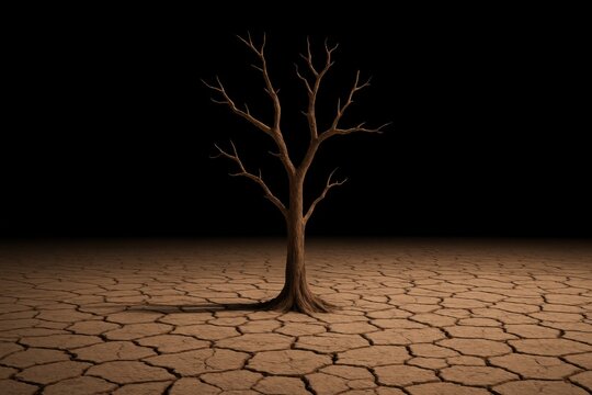 Desert Tree: A solitary tree, its skeletal branches reaching skyward, stands as a poignant symbol of resilience amidst a vast, cracked desert landscape, under the stark contrast of a black void. - Powered by Adobe
