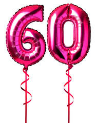 Fototapeta premium 数字の60の形のピンク色の風船とリボン（Number 60 pink foil balloon on white background） 