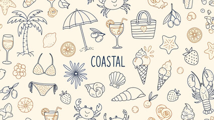 Coastal Seaside Pattern with Palm Trees, Seashells, Pineapples and Beachwear for Summer Decor, Wallpaper and Tropical-Inspired Design