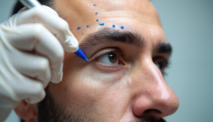 Doctor with glove marks man eyebrow with blue pen. Male gets line dotted on scalp for hair transplant surgery. Patient waits for cosmetic procedure near eye.