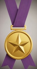 A golden medal with a five-pointed star and a purple ribbon, showcasing achievement and success.