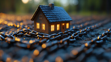 A miniature house surrounded by chains, symbolizing confinement and obstacles. Explore themes of security and limitation.