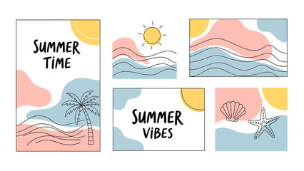 Fototapeta premium A collection of minimalist summer-themed illustrations featuring pastel colors, line art waves, sun, palm tree, seashell, and starfish, with 