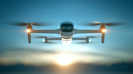 A modern drone soaring through the sky, capturing stunning aerial views at sunset, showcasing innovation in flight technology.