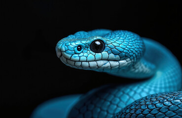 Close up of a bright blue viper snake coiled against a dark background. Its scales are detailed, and its black eyes stare forward intensely, showing a sleek, dangerous creature.
