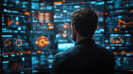 A person analyzes data on multiple screens filled with blue and orange graphics. The environment conveys a sense of innovation.