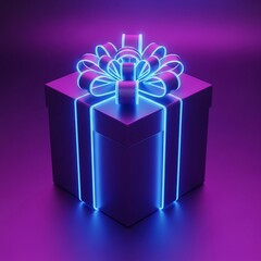 A striking, dark purple gift box is highlighted with vibrant neon blue ribbon and bow, creating a captivating visual presentation.