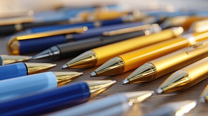 Collection of Colorful Ballpoint Pens with Shiny Metal Tips on Wooden Surface for Office Supplies and Writing Accessories