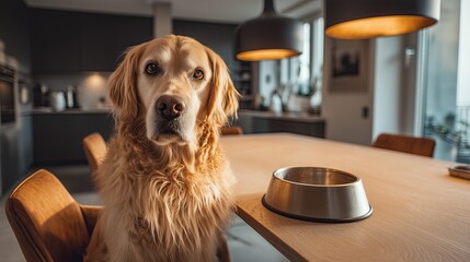 The golden retriever is sitting at a modern Scandinavian kitchen table with a dish in front of him