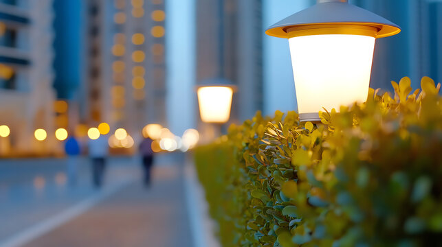 A serene evening ambiance with softly glowing lamps illuminating a pathway beside lush greenery in an urban setting. - Powered by Adobe