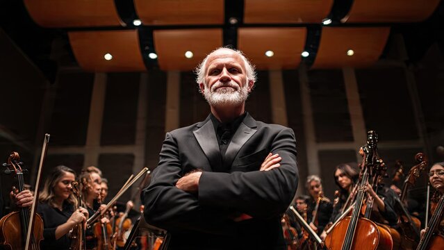 A classical musician playing the violin during a professional orchestra performance with other musical people