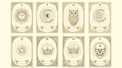 Vintage-style tarot cards featuring mystical symbols like sun, moon, owl, star, crowns, and skull on an antique background.