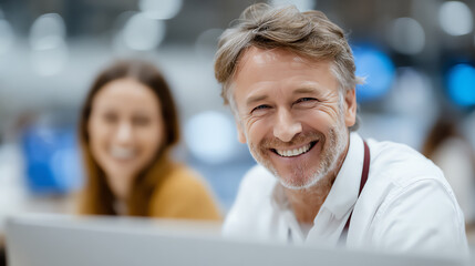 A smiling man in a professional setting engaged in conversation with a colleague, conveying teamwork and positivity in the workplace.