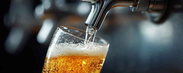 Golden beer pouring into tilted glass with frothy head in bar setting, refreshing and cold beverage