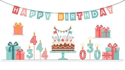 Colorful flat illustration of a birthday party setup with cake, gifts, candles, and a 'Happy Birthday' banner.