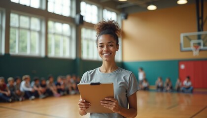 Smiling female PE teacher with clipboard looks at camera. Young students sit on gym floor behind her. School gymnasium setting with basketball hoop visible.
