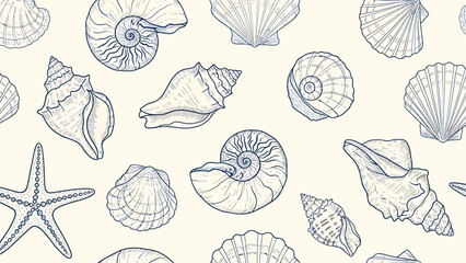 Hand-drawn seamless pattern featuring various seashells and a starfish on a light background, showcasing marine life.