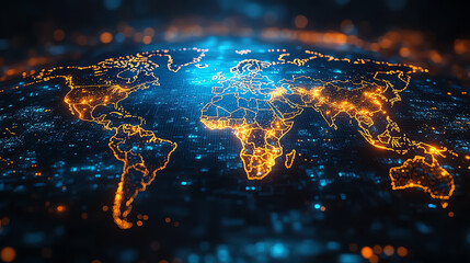 A stunning digital rendering of a glowing world map, showcasing interconnected cities and data flows.
